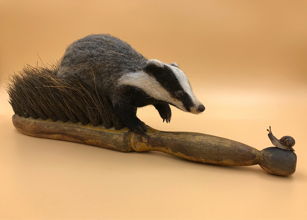 Felted Wildlife Perch on Found Objects in Charming Sculptures by Simon Brown